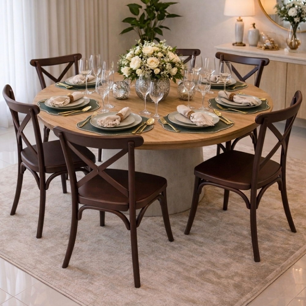Cadeiras marrons ao redor de mesa em ambiente interno